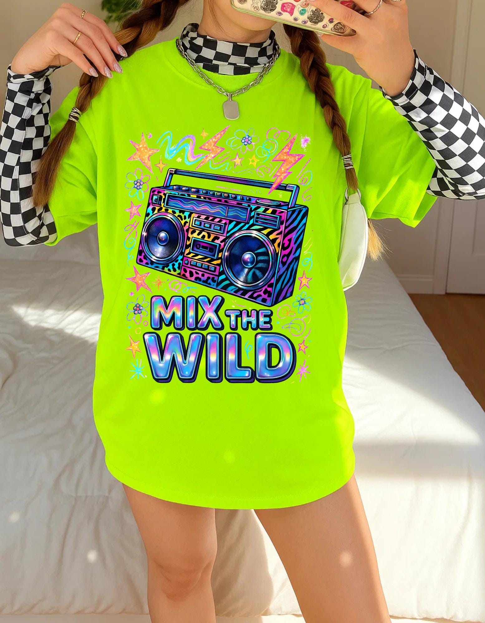 Retro Boombox Graphic Tee Vibrant Unisex Music T-Shirt Vintage Festival Wear