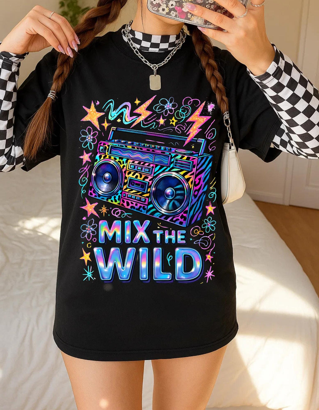 Retro Boombox Graphic Tee Vibrant Unisex Music T-Shirt Vintage Festival Wear