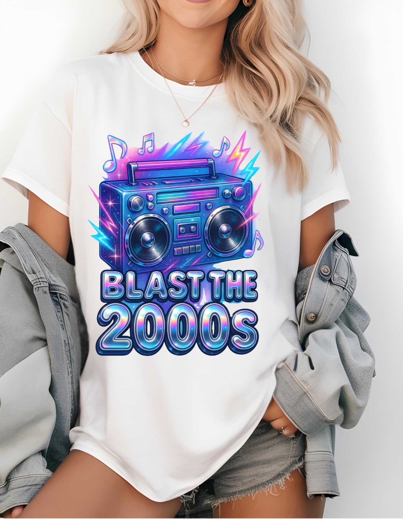 Y2K Boombox T-Shirt: Retro 2000s Chrome Font Graphic Tee