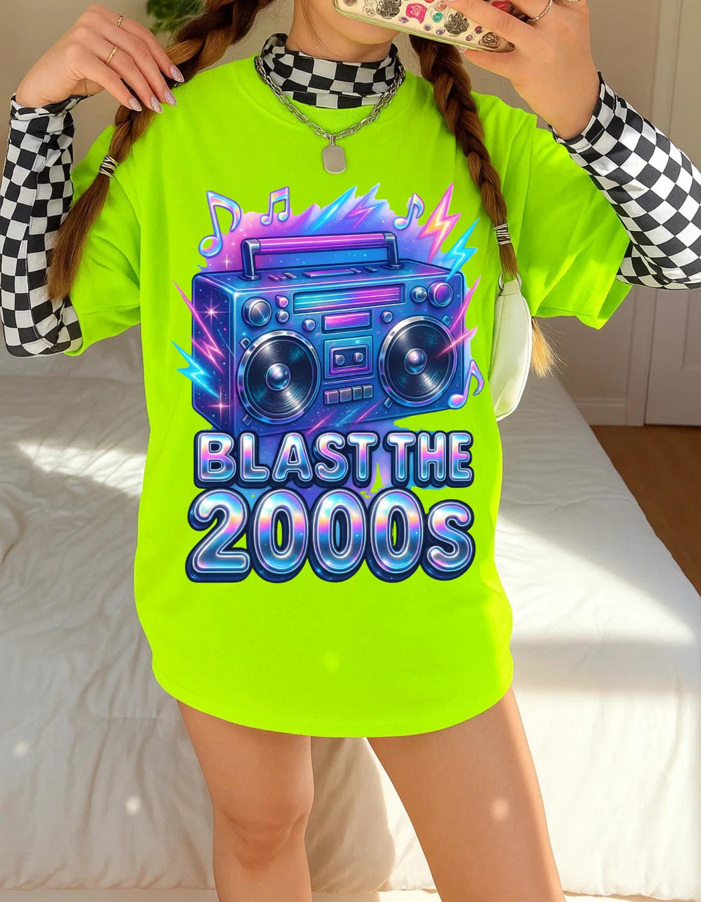 Y2K Boombox T-Shirt: Retro 2000s Chrome Font Graphic Tee