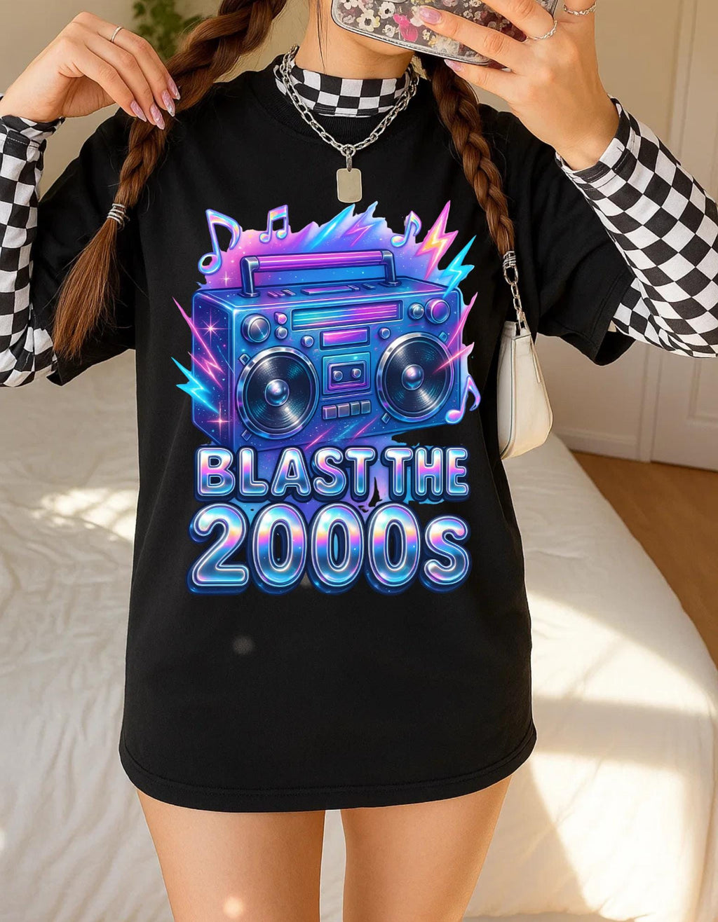 Y2K Boombox T-Shirt: Retro 2000s Chrome Font Graphic Tee