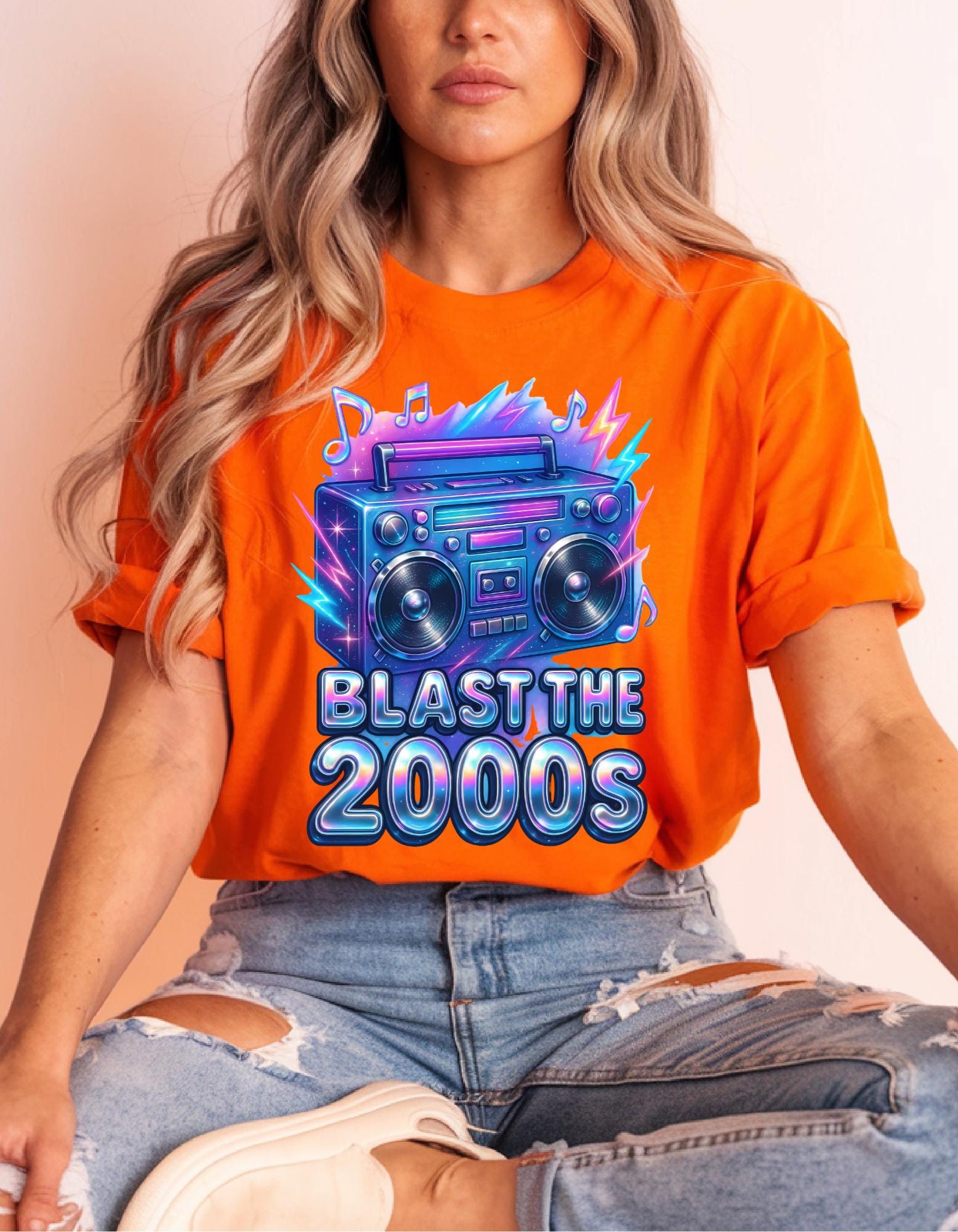 Y2K Boombox T-Shirt: Retro 2000s Chrome Font Graphic Tee