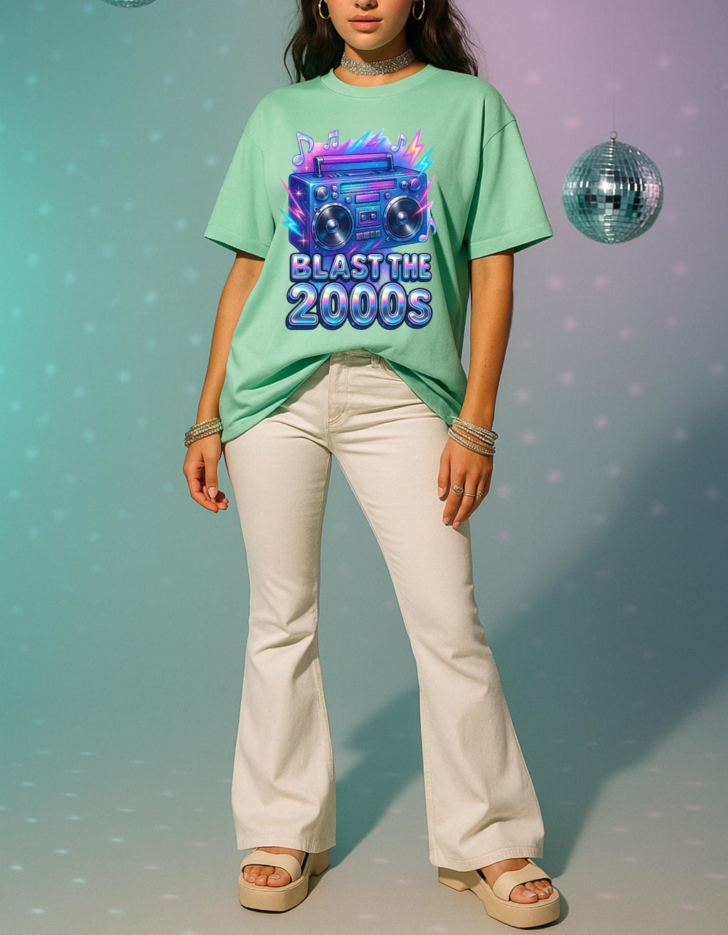 Y2K Boombox T-Shirt: Retro 2000s Chrome Font Graphic Tee