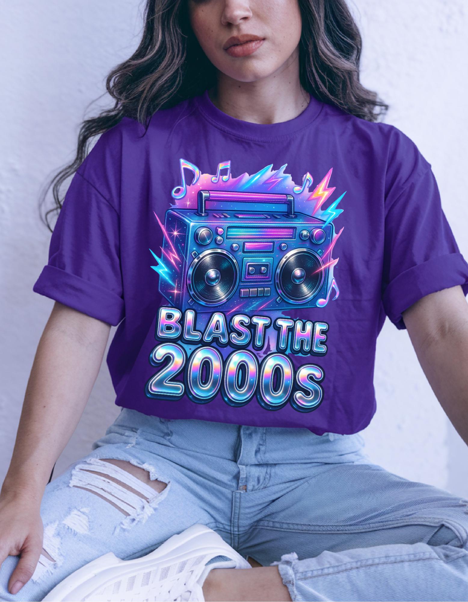 Y2K Boombox T-Shirt: Retro 2000s Chrome Font Graphic Tee