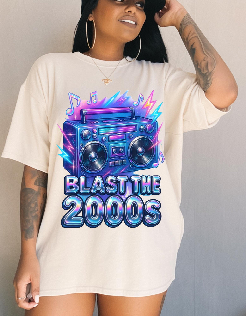 Y2K Boombox T-Shirt: Retro 2000s Chrome Font Graphic Tee