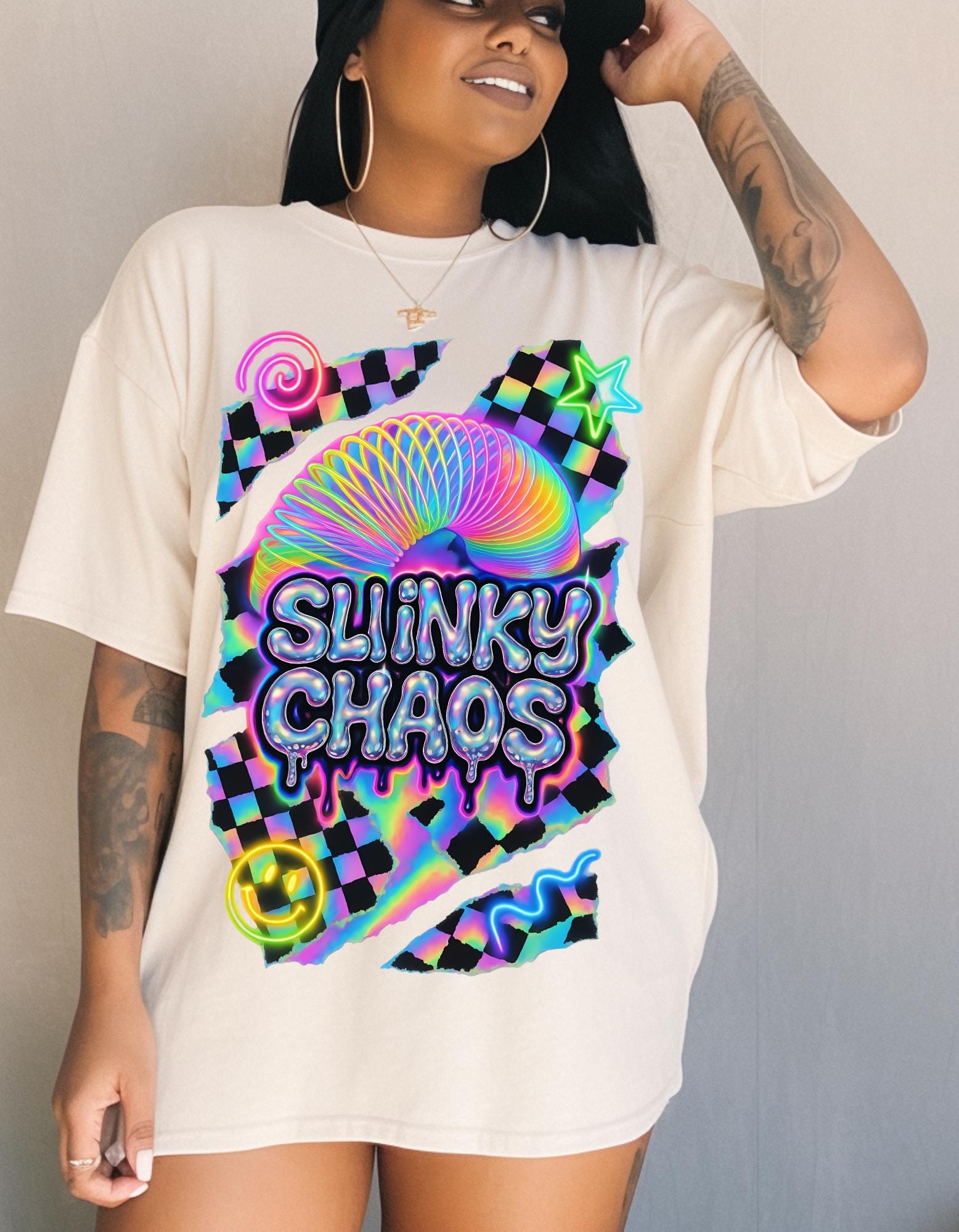 Y2K Neon Spiral Heavy Cotton Tee - 90s Retro Graphic Shirt