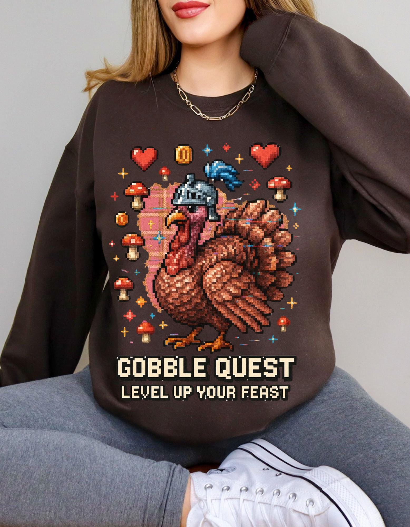 Gobble Quest Thanksgiving Gamer Sweatshirt: Retro Pixel Turkey Day Unisex Crewneck Hoodie Gift