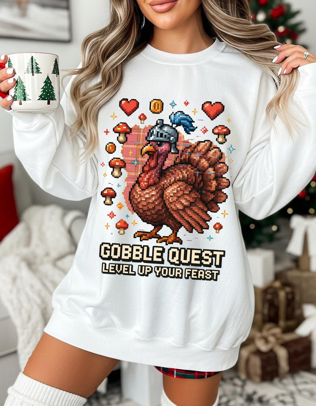Gobble Quest Thanksgiving Gamer Sweatshirt: Retro Pixel Turkey Day Unisex Crewneck Hoodie Gift