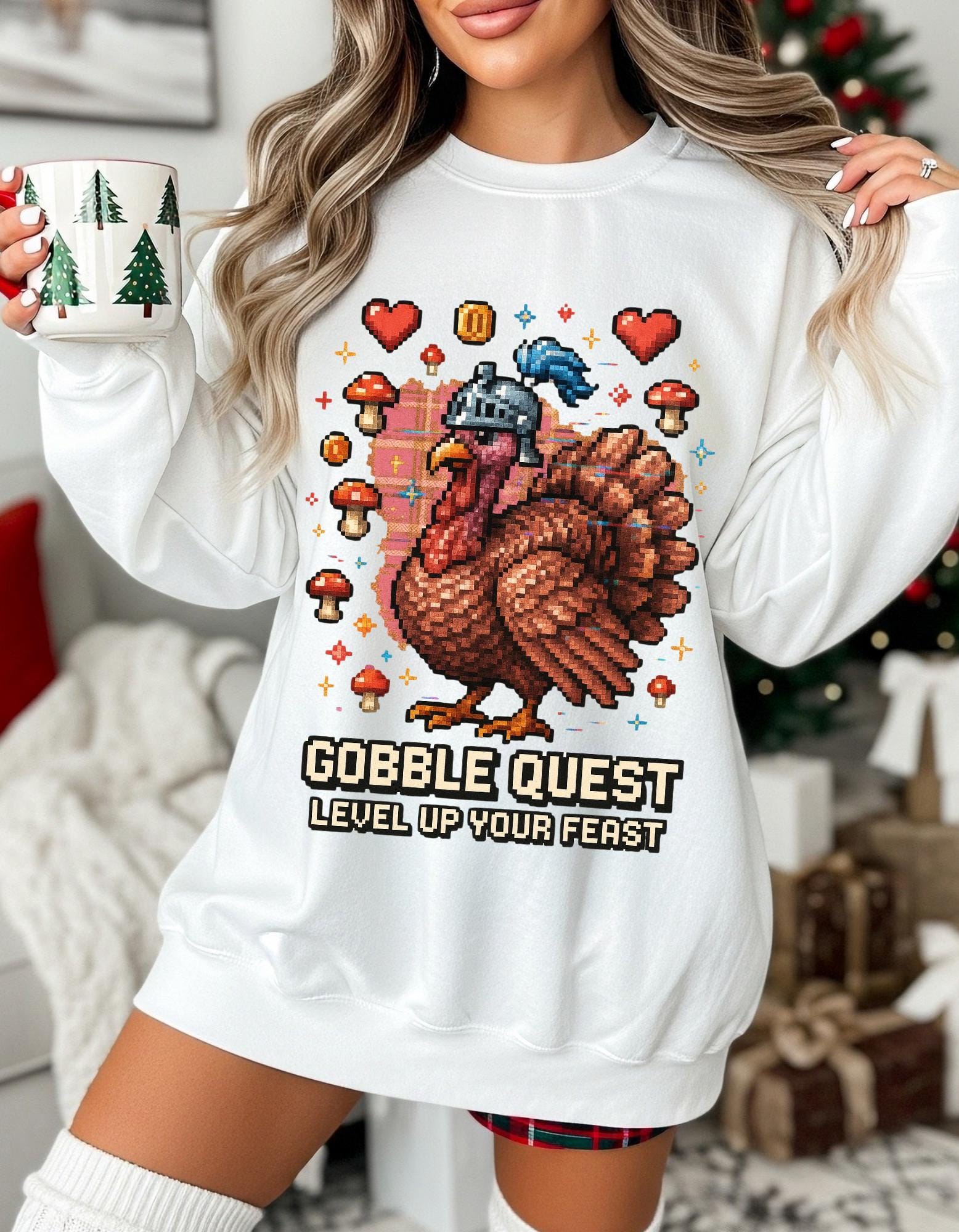 Gobble Quest Thanksgiving Gamer Sweatshirt: Retro Pixel Turkey Day Unisex Crewneck Hoodie Gift