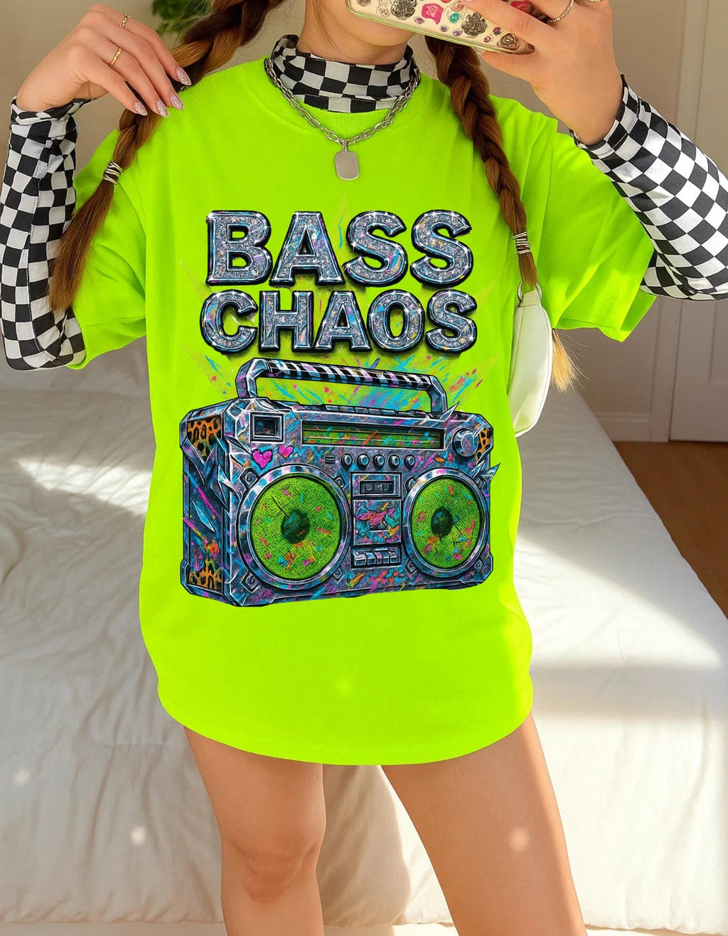 Vibrant Neon Speaker Graphic Tee: Y2K Retro Festival Shirt for Music Lovers & Hipsters