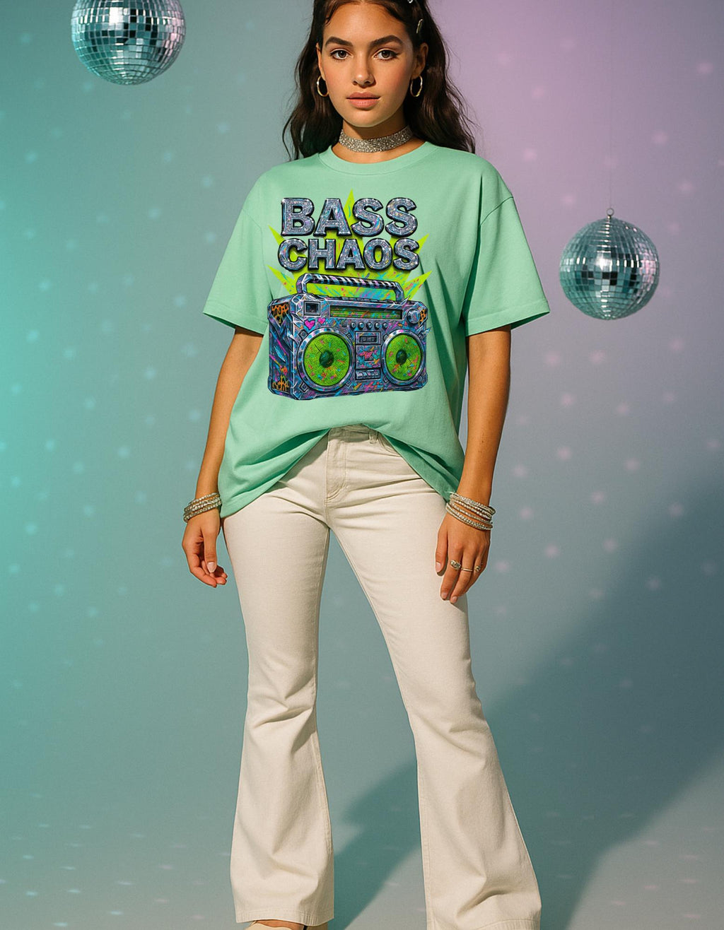 Vibrant Neon Speaker Graphic Tee: Y2K Retro Festival Shirt for Music Lovers & Hipsters