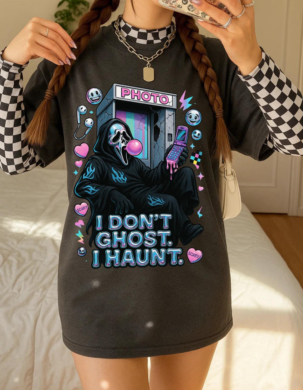 Haunting Y2K Metallic Chrome Ghost Tee - Unisex Goth Grunge Halloween Costume Graphic Shirt
