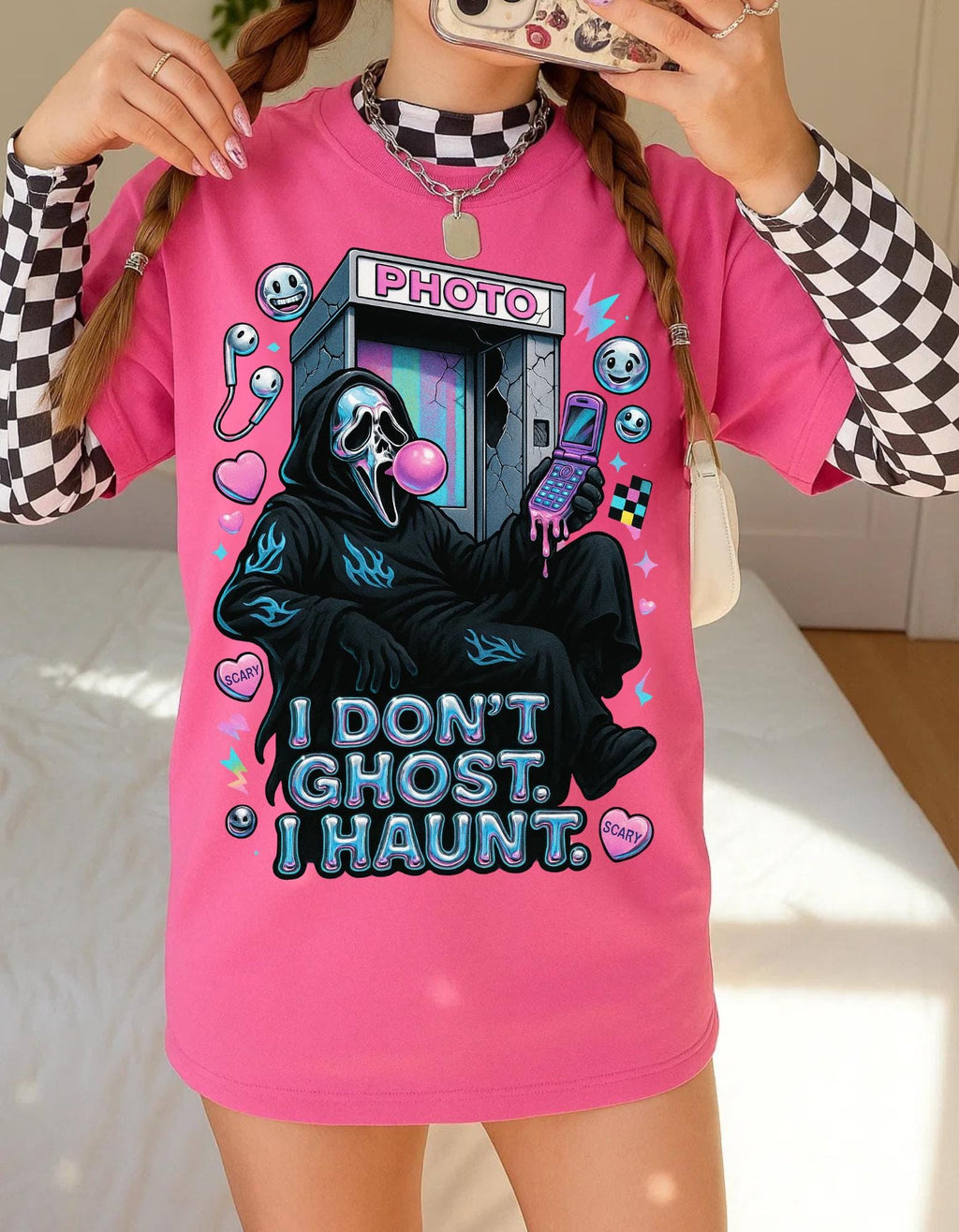 Haunting Y2K Metallic Chrome Ghost Tee - Unisex Goth Grunge Halloween Costume Graphic Shirt