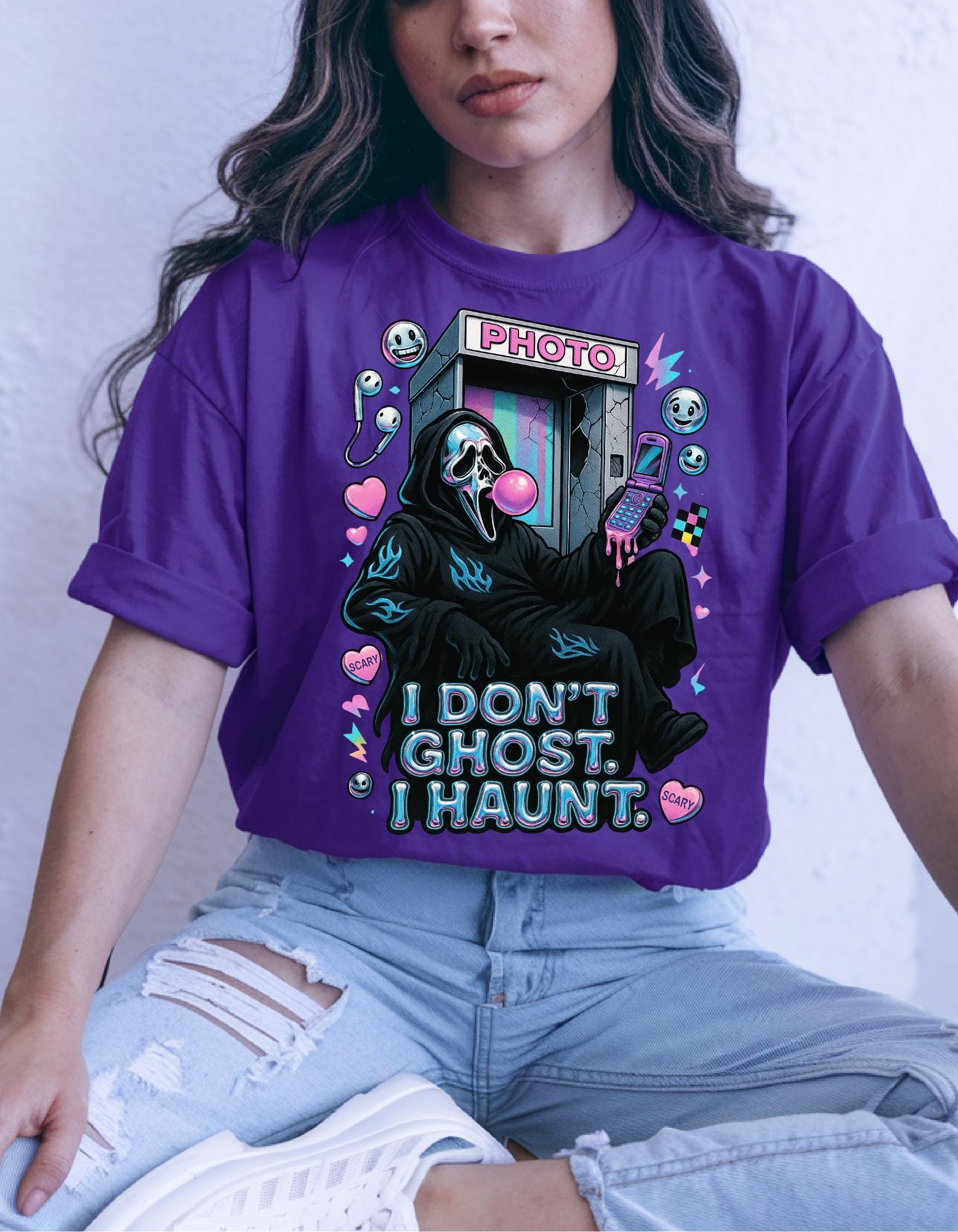 Haunting Y2K Metallic Chrome Ghost Tee - Unisex Goth Grunge Halloween Costume Graphic Shirt