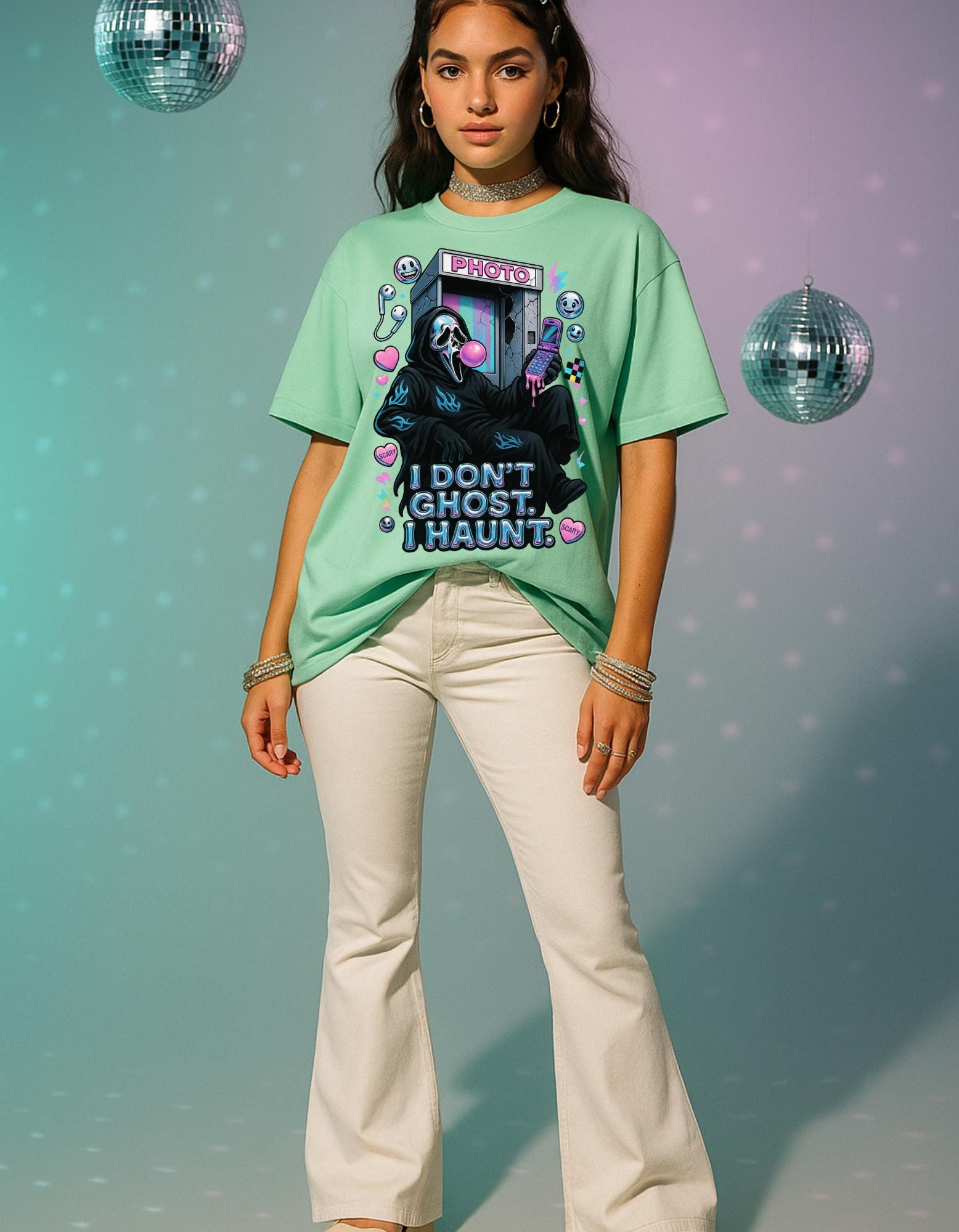 Haunting Y2K Metallic Chrome Ghost Tee - Unisex Goth Grunge Halloween Costume Graphic Shirt