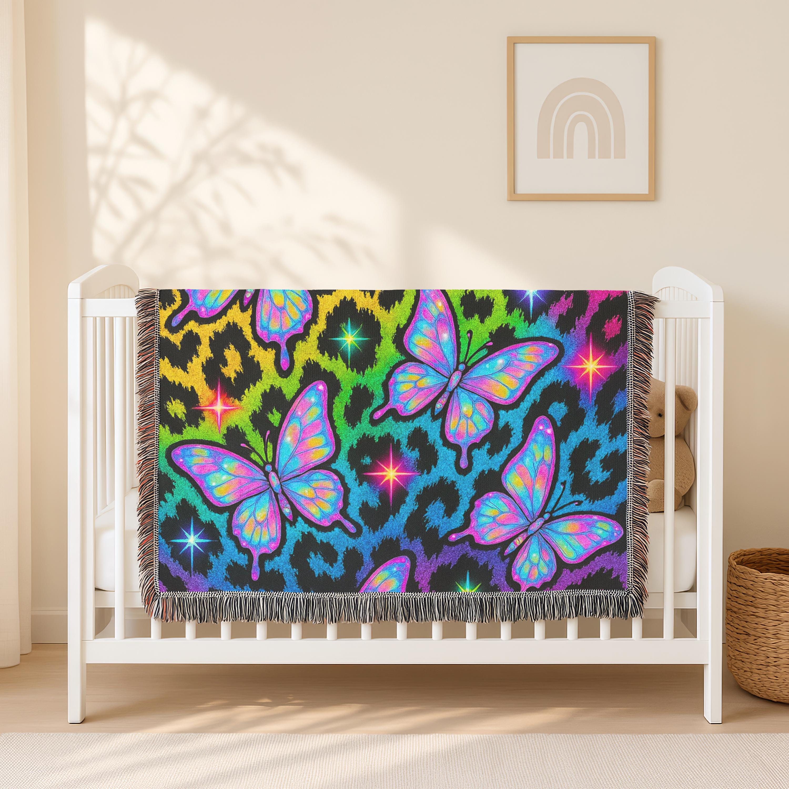 Y2K Butterfly Neon Leopard Print Woven Blanket: Personalized Cozy Throw for Home Decor