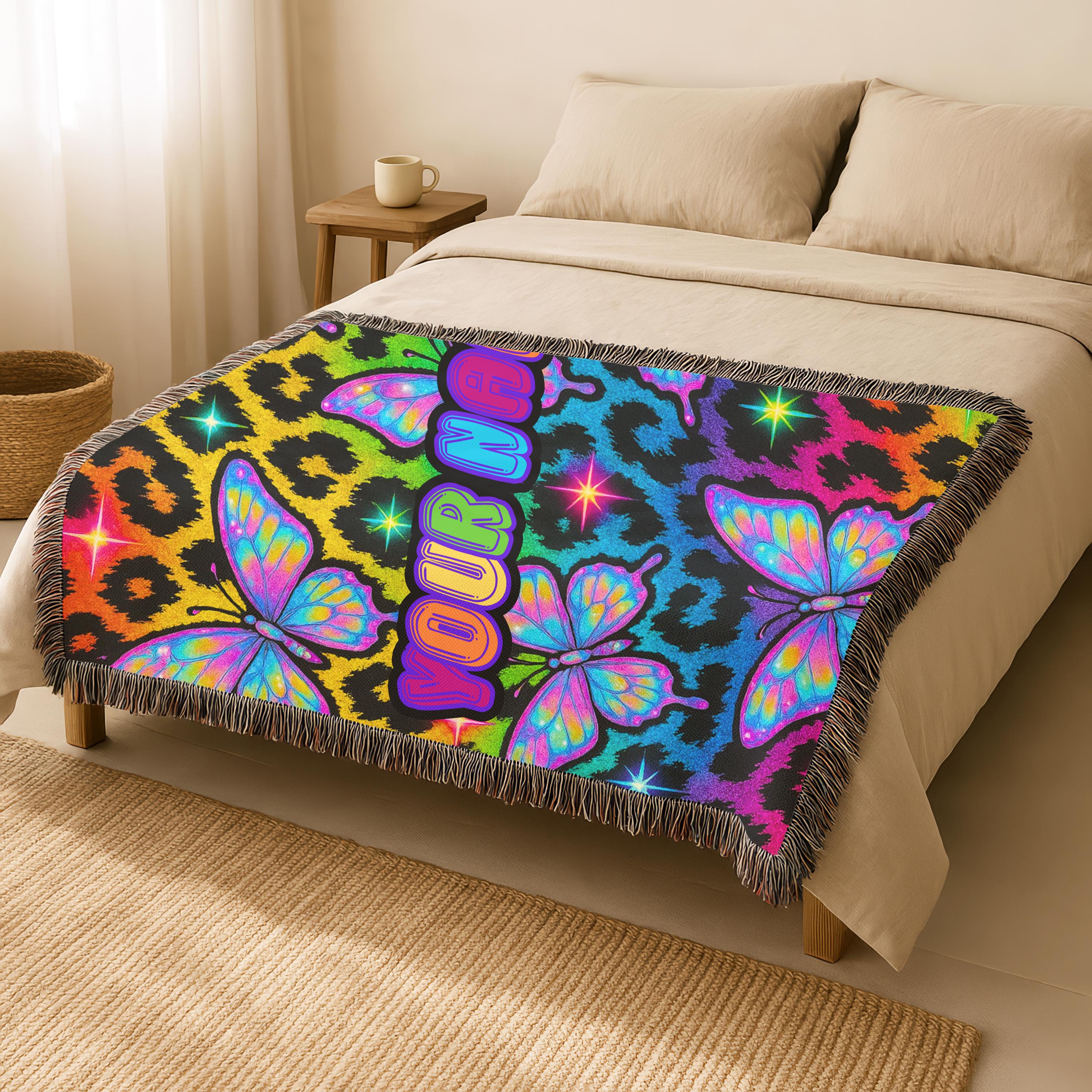Y2K Butterfly Neon Leopard Print Woven Blanket: Personalized Cozy Throw for Home Decor
