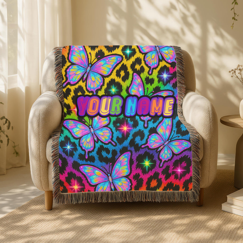 Y2K Butterfly Neon Leopard Print Woven Blanket: Personalized Cozy Throw for Home Decor