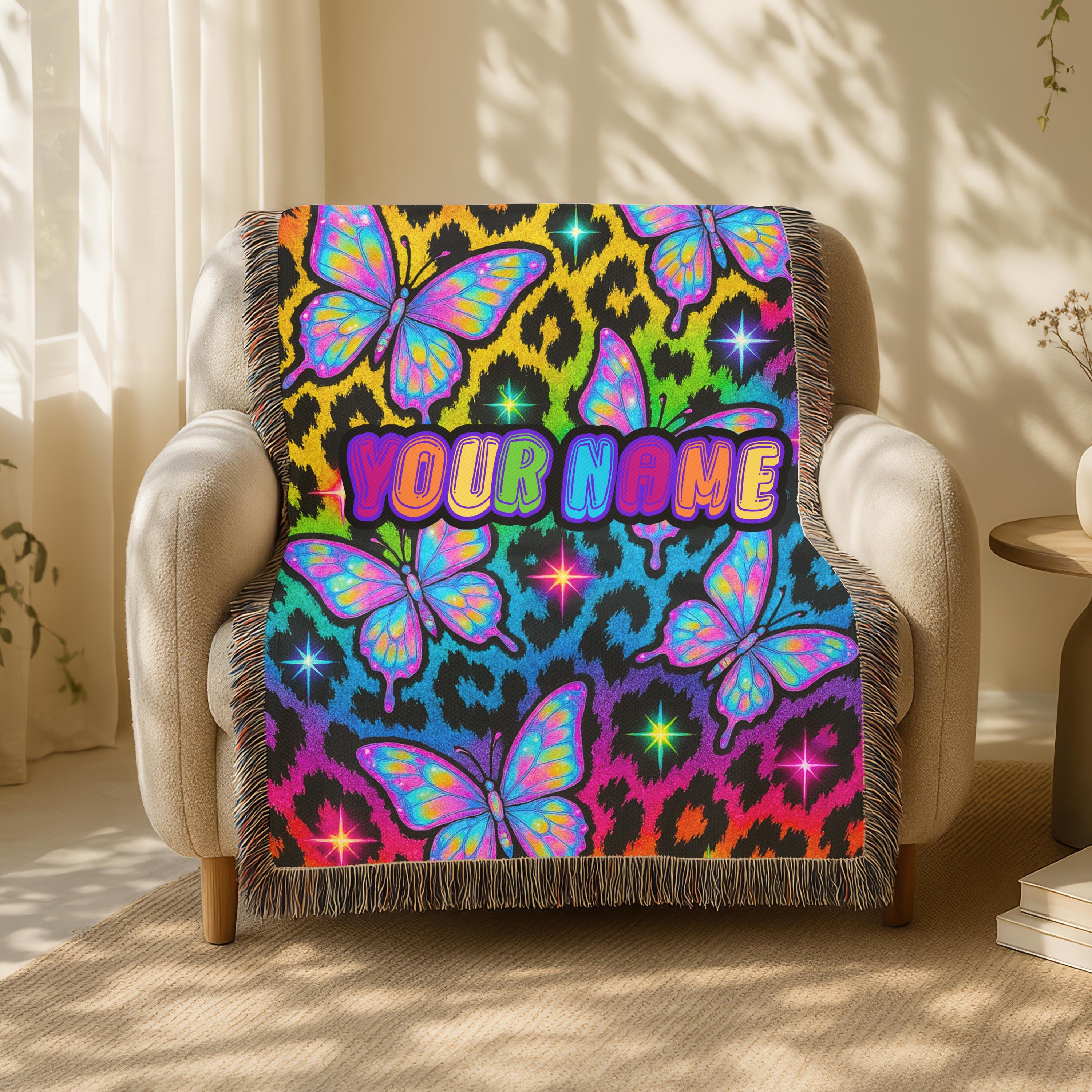 Y2K Butterfly Neon Leopard Print Woven Blanket: Personalized Cozy Throw for Home Decor