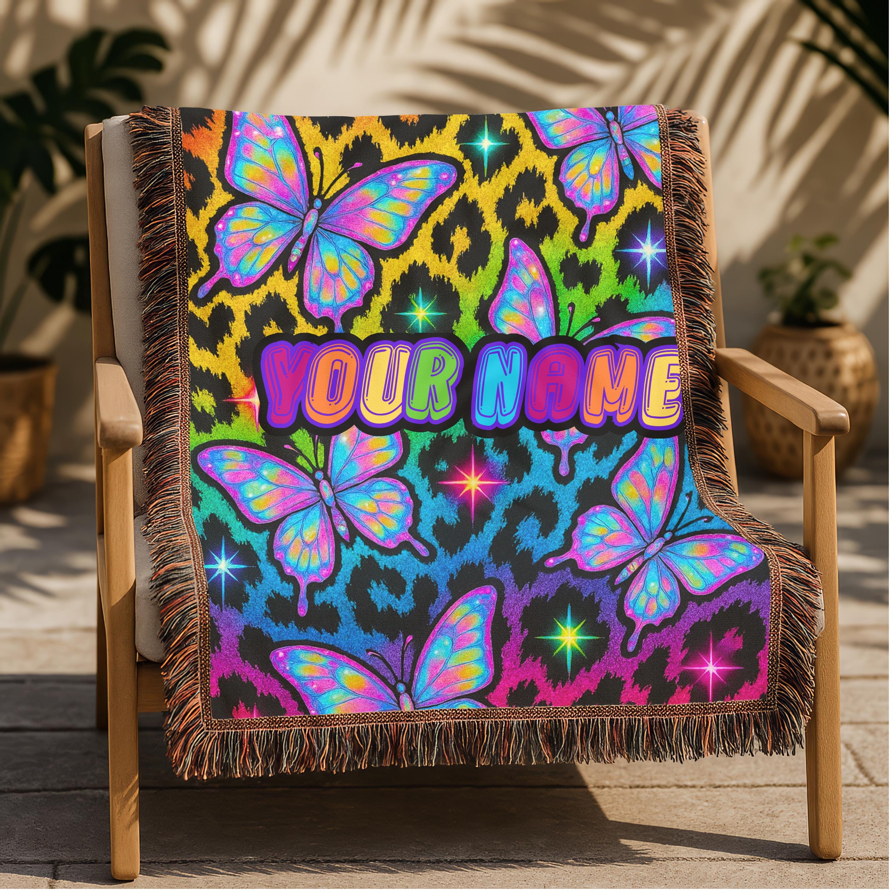 Y2K Butterfly Neon Leopard Print Woven Blanket: Personalized Cozy Throw for Home Decor