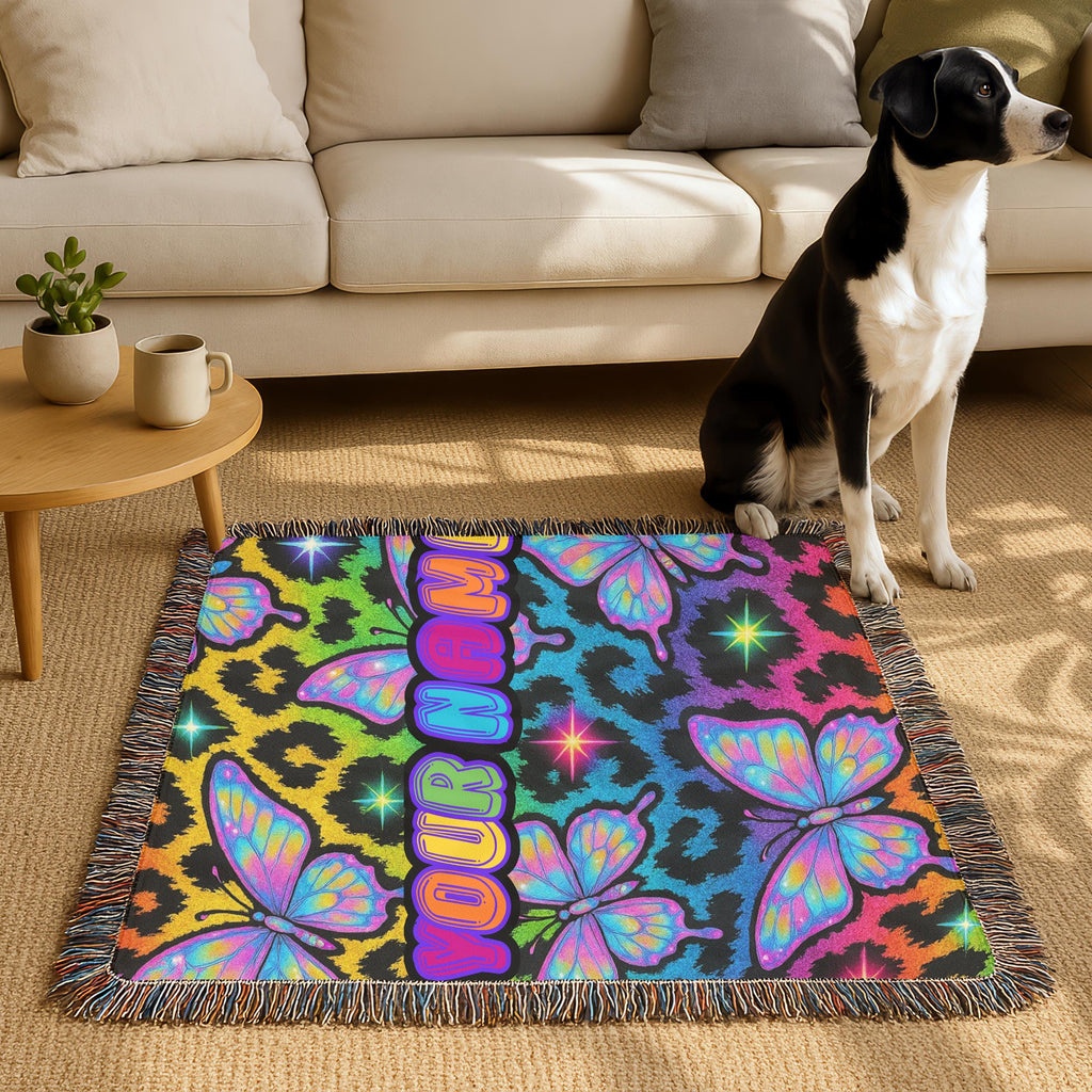 Y2K Butterfly Neon Leopard Print Woven Blanket: Personalized Cozy Throw for Home Decor