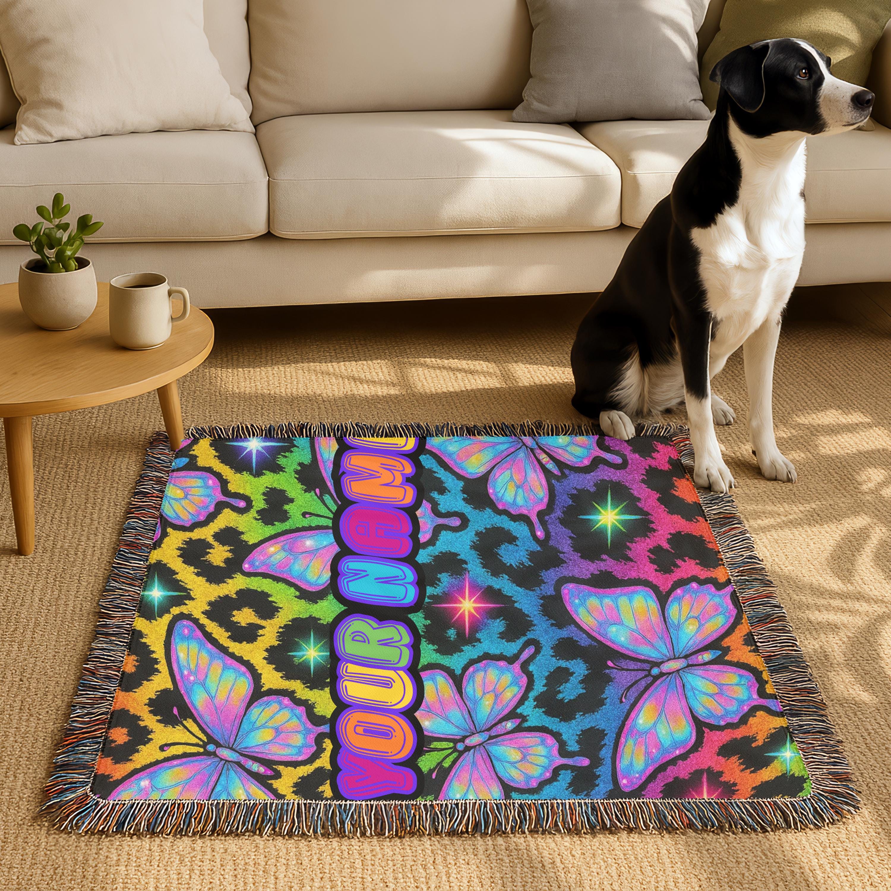 Y2K Butterfly Neon Leopard Print Woven Blanket: Personalized Cozy Throw for Home Decor
