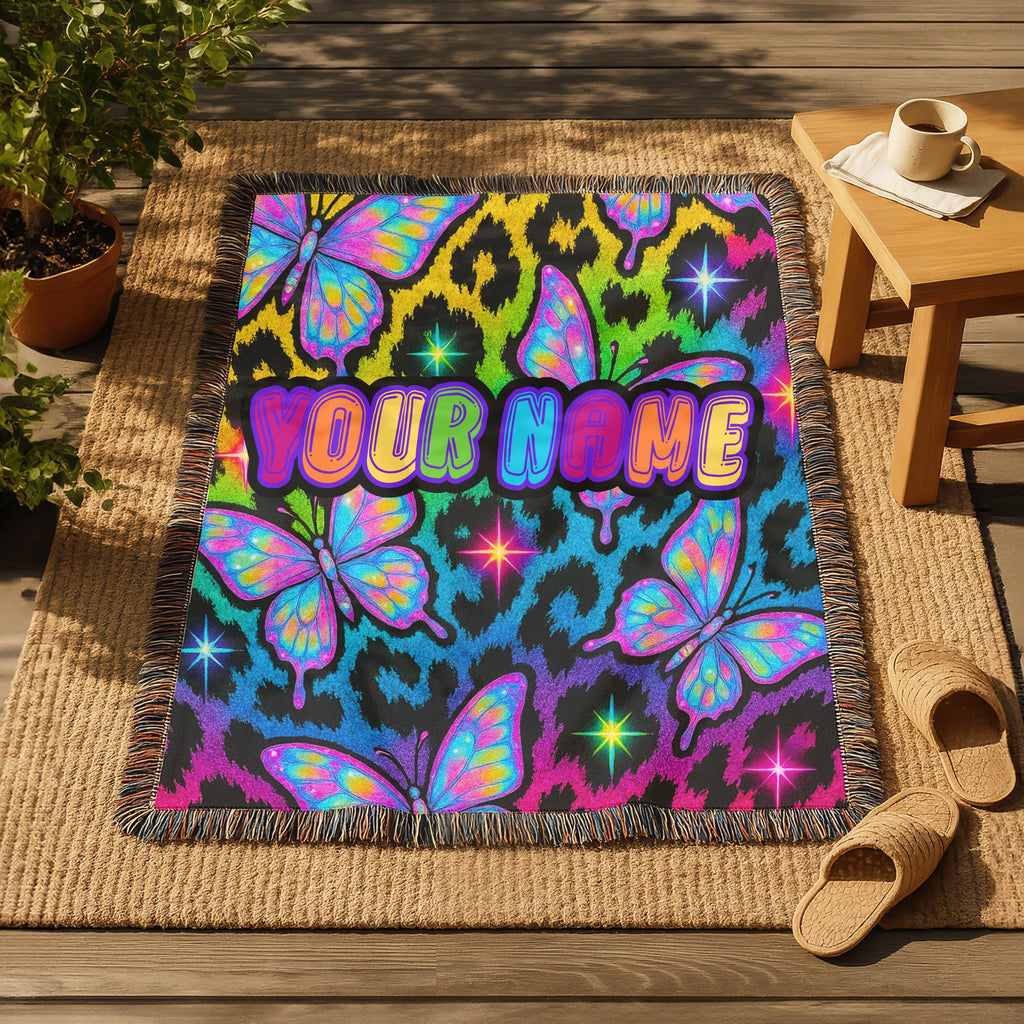 Y2K Butterfly Neon Leopard Print Woven Blanket: Personalized Cozy Throw for Home Decor