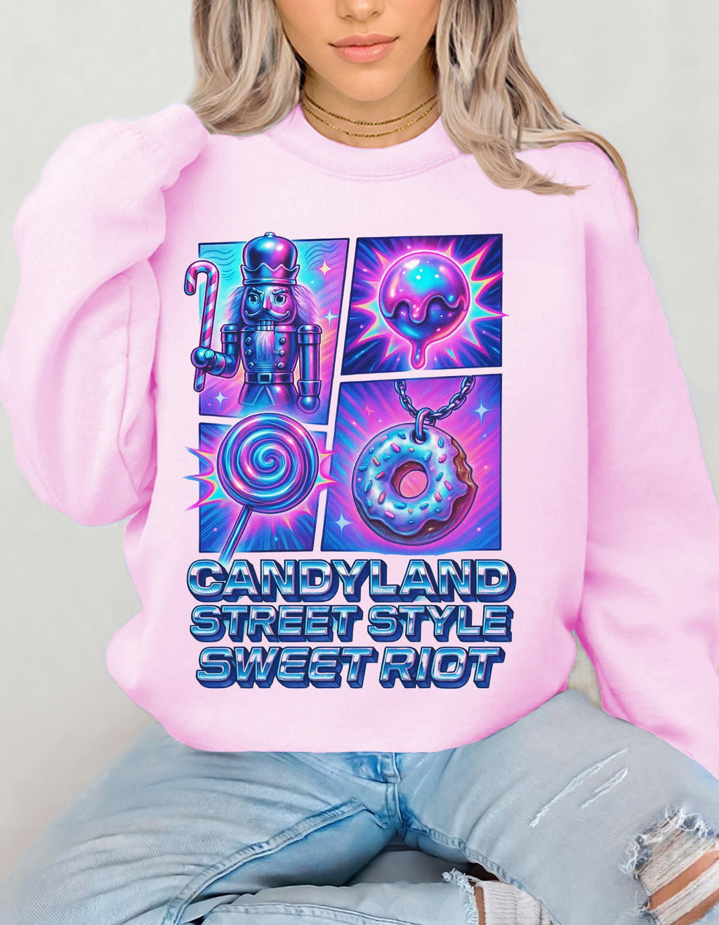 Candyland-Inspired Cozy Crewneck | Unisex Graphic Sweatshirt | Quirky Sweet Fashion Gift