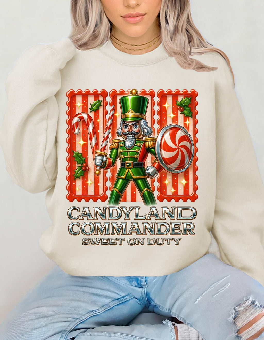 Festive Nutcracker Candyland Commander Sweatshirt: Y2K Chrome Holiday Crewneck Jumper for Christmas