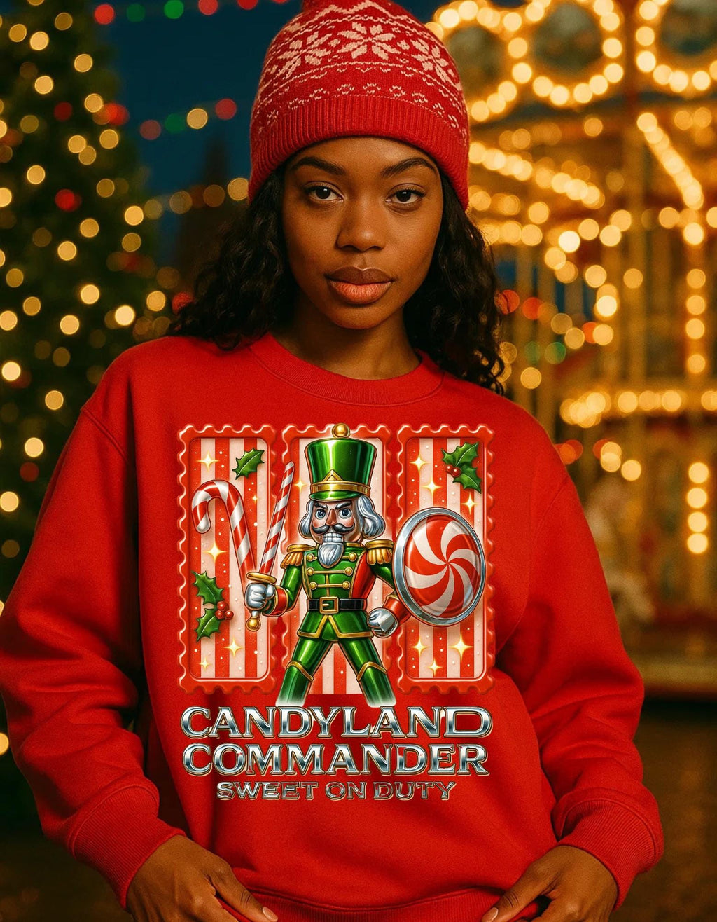 Festive Nutcracker Candyland Commander Sweatshirt: Y2K Chrome Holiday Crewneck Jumper for Christmas