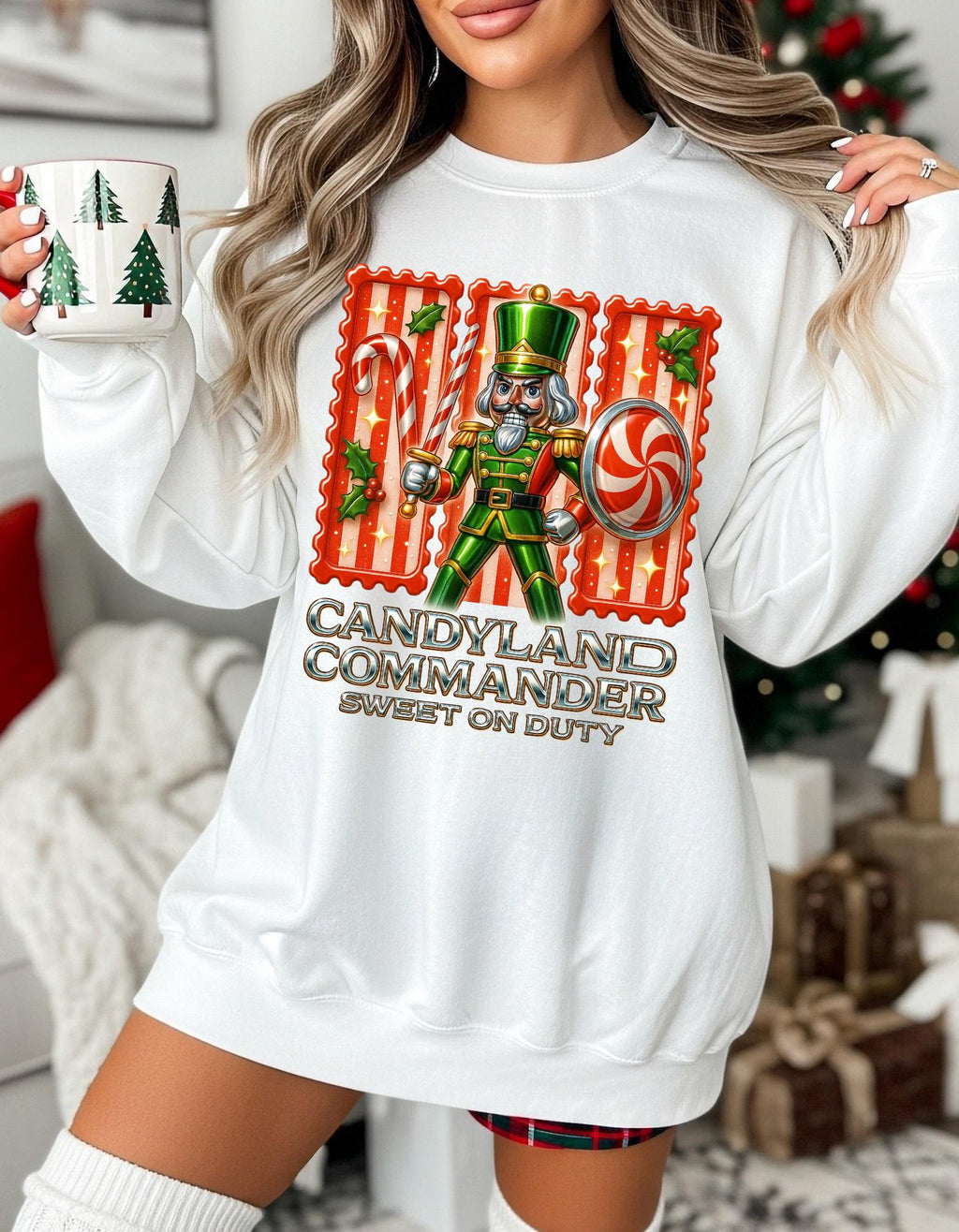 Festive Nutcracker Candyland Commander Sweatshirt: Y2K Chrome Holiday Crewneck Jumper for Christmas