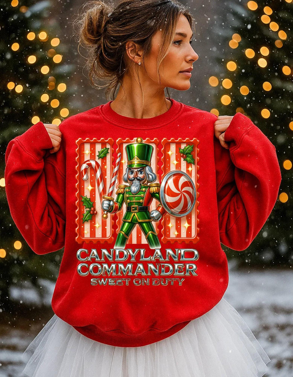 Festive Nutcracker Candyland Commander Sweatshirt: Y2K Chrome Holiday Crewneck Jumper for Christmas