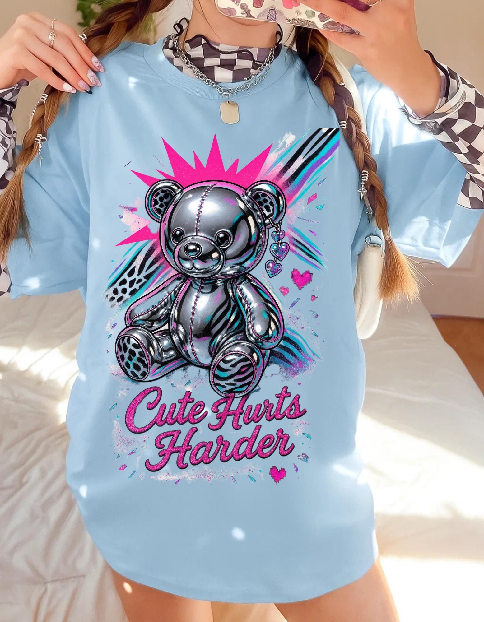 Y2K Chrome Bear Graphic Tee: Unisex Kawaii retro Fashion Heavy Cotton T-Shirt