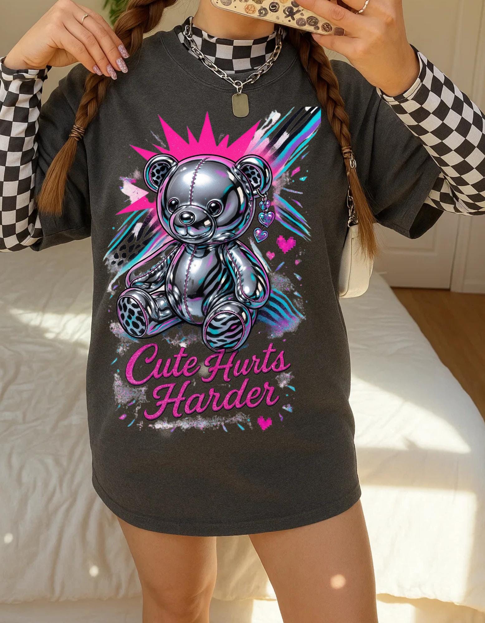 Y2K Chrome Bear Graphic Tee: Unisex Kawaii retro Fashion Heavy Cotton T-Shirt