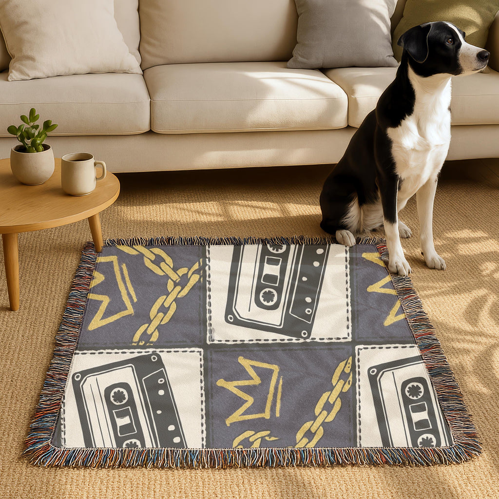 Y2K Street Style Woven Blanket: Retro Chains & Cassette Design - Cozy Urban Decor Throw