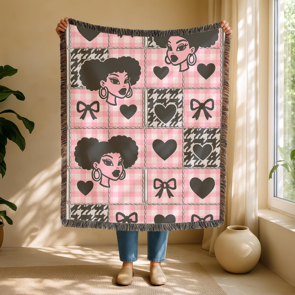 Black Girl Magic Woven Blanket: Pink Checkerboard Cotton Throw