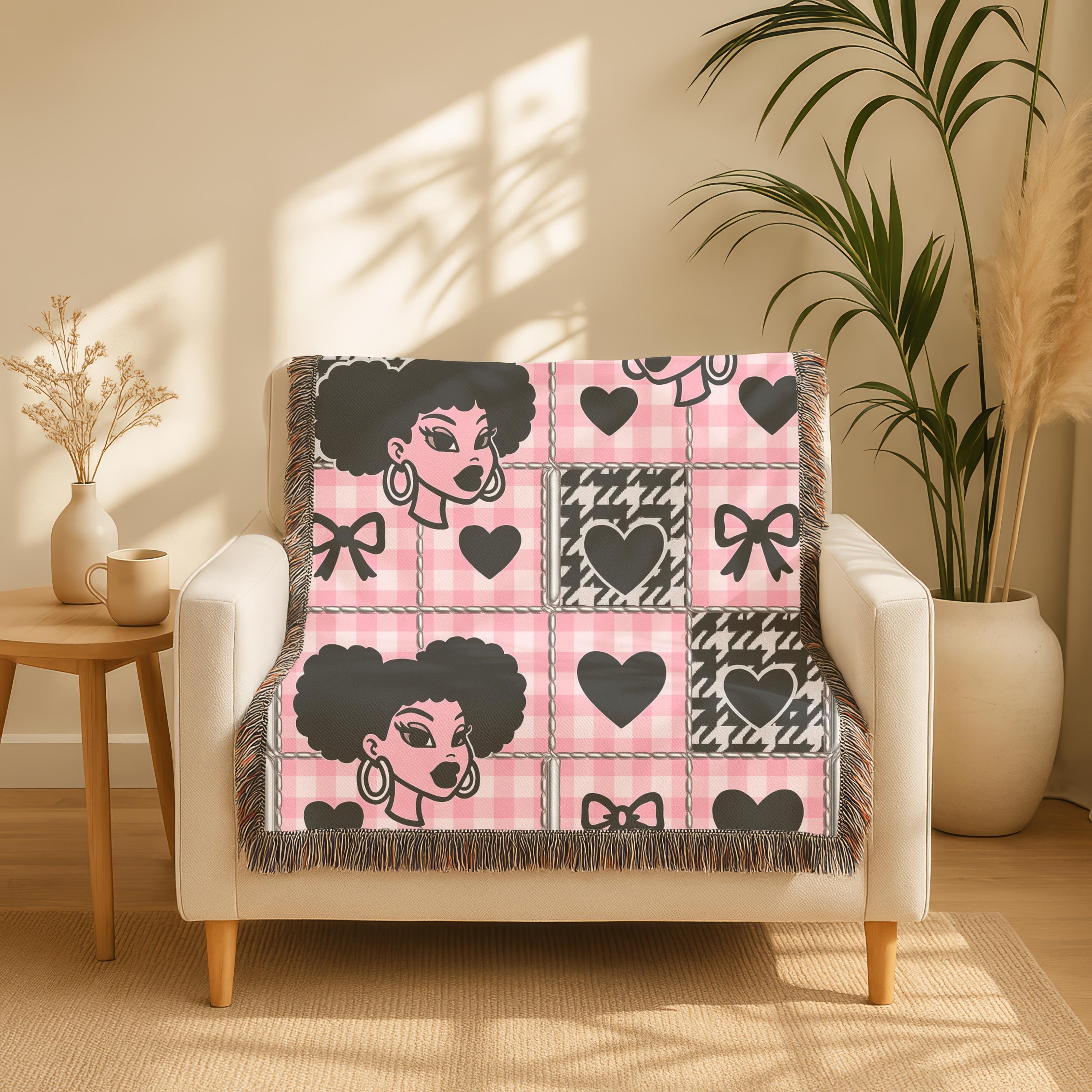 Black Girl Magic Woven Blanket: Pink Checkerboard Cotton Throw