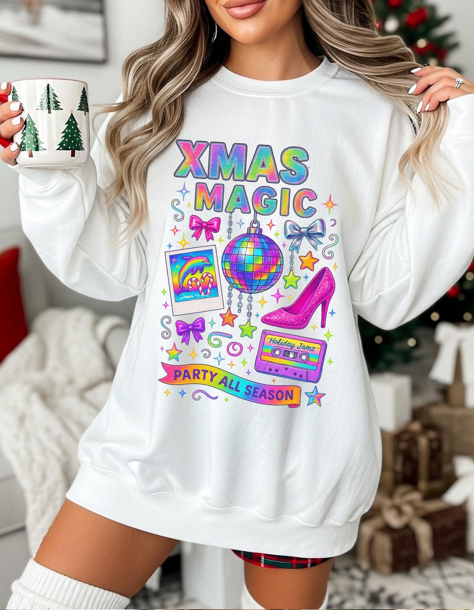 Festive Holiday Magic Crewneck: Vibrant Xmas Party Sweatshirt for Cozy Casual Winter Wear