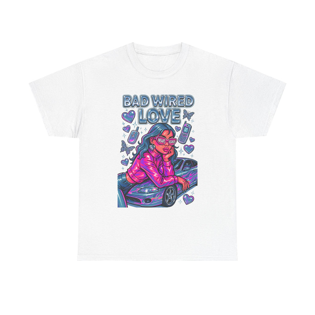 Y2K Chrome Graphic Tee: Bad Wired Heartbreaker, Race Car Chick Shirt