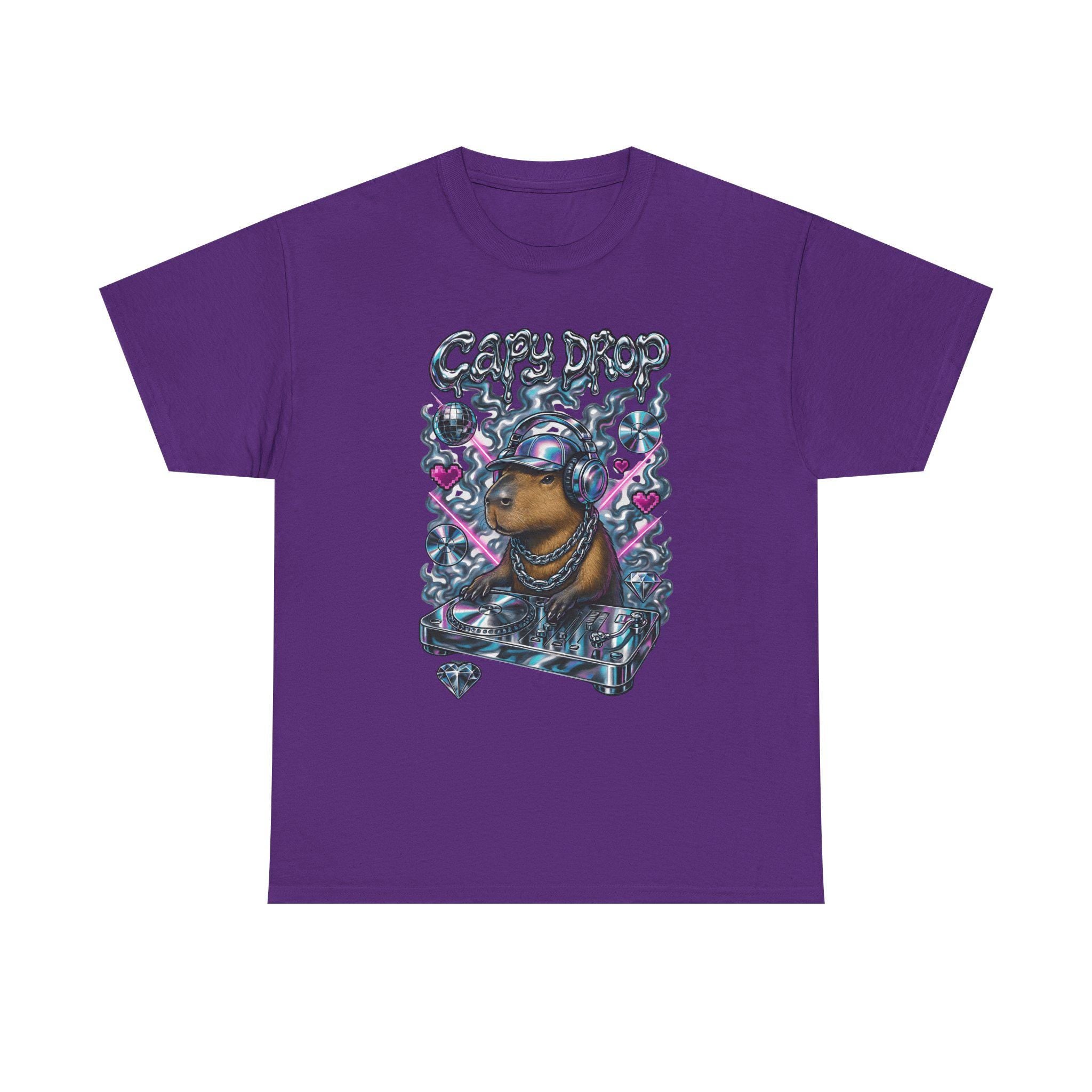 Y2K Capybara DJ Heavy Cotton Tee - Retro Graphic T-Shirt