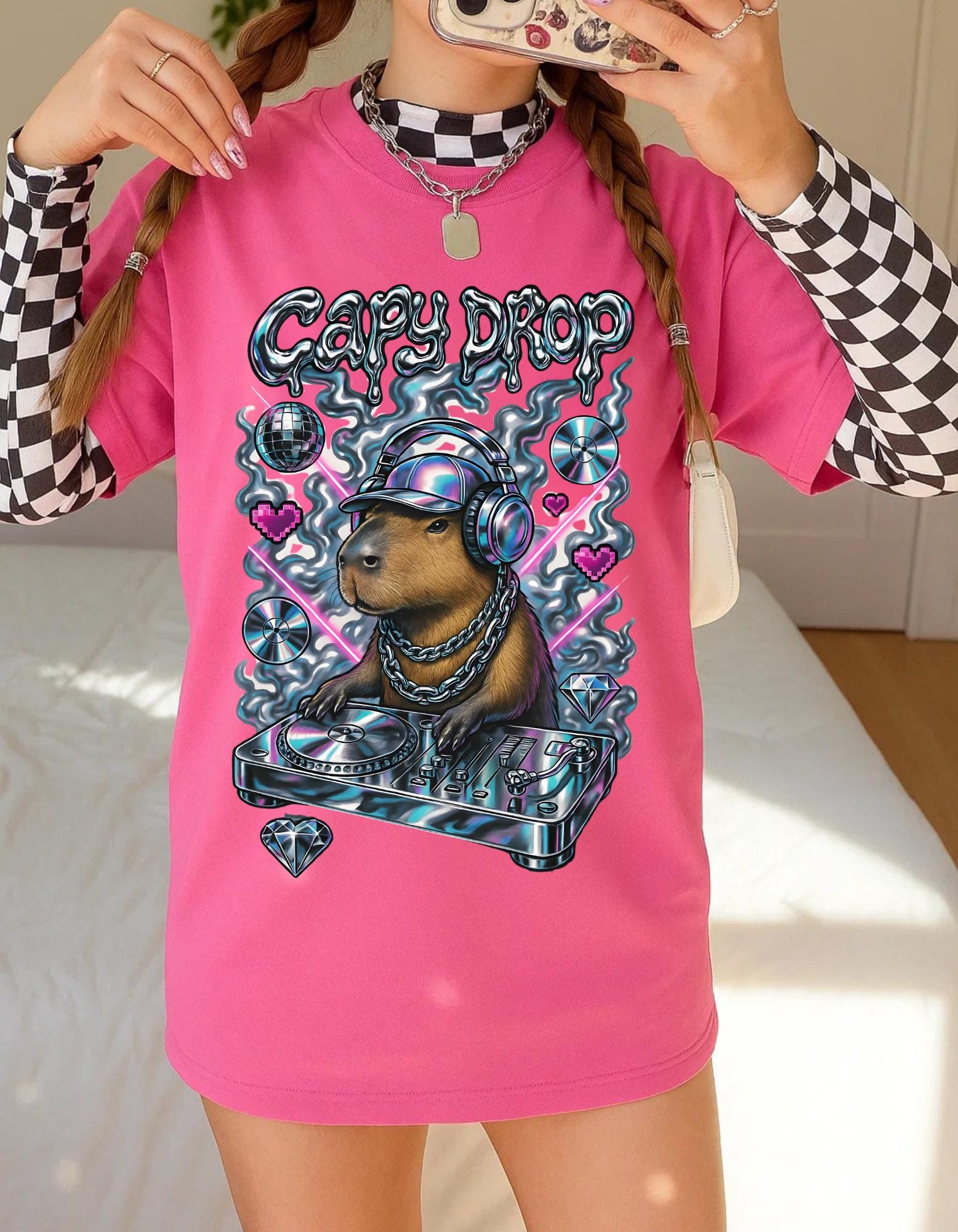 Y2K Capybara DJ Heavy Cotton Tee - Retro Graphic T-Shirt