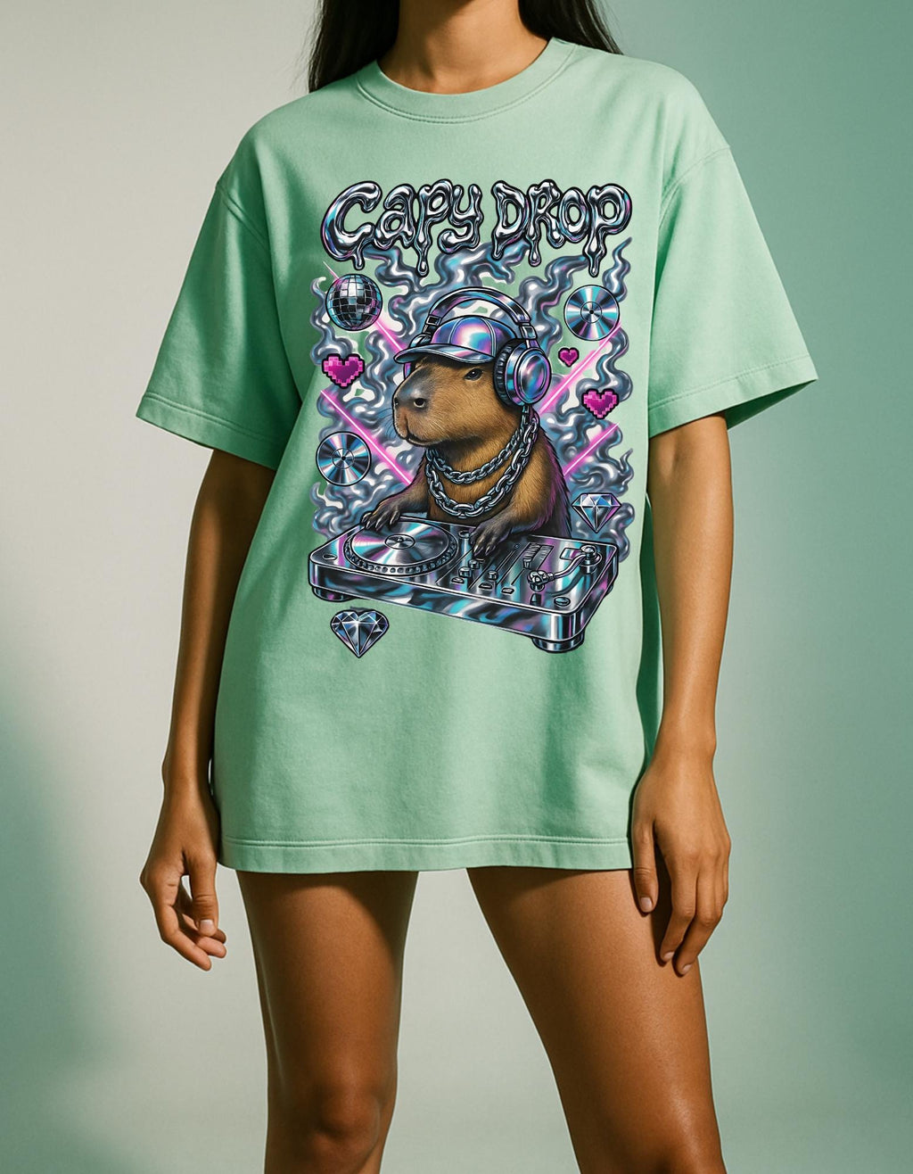 Y2K Capybara DJ Heavy Cotton Tee - Retro Graphic T-Shirt