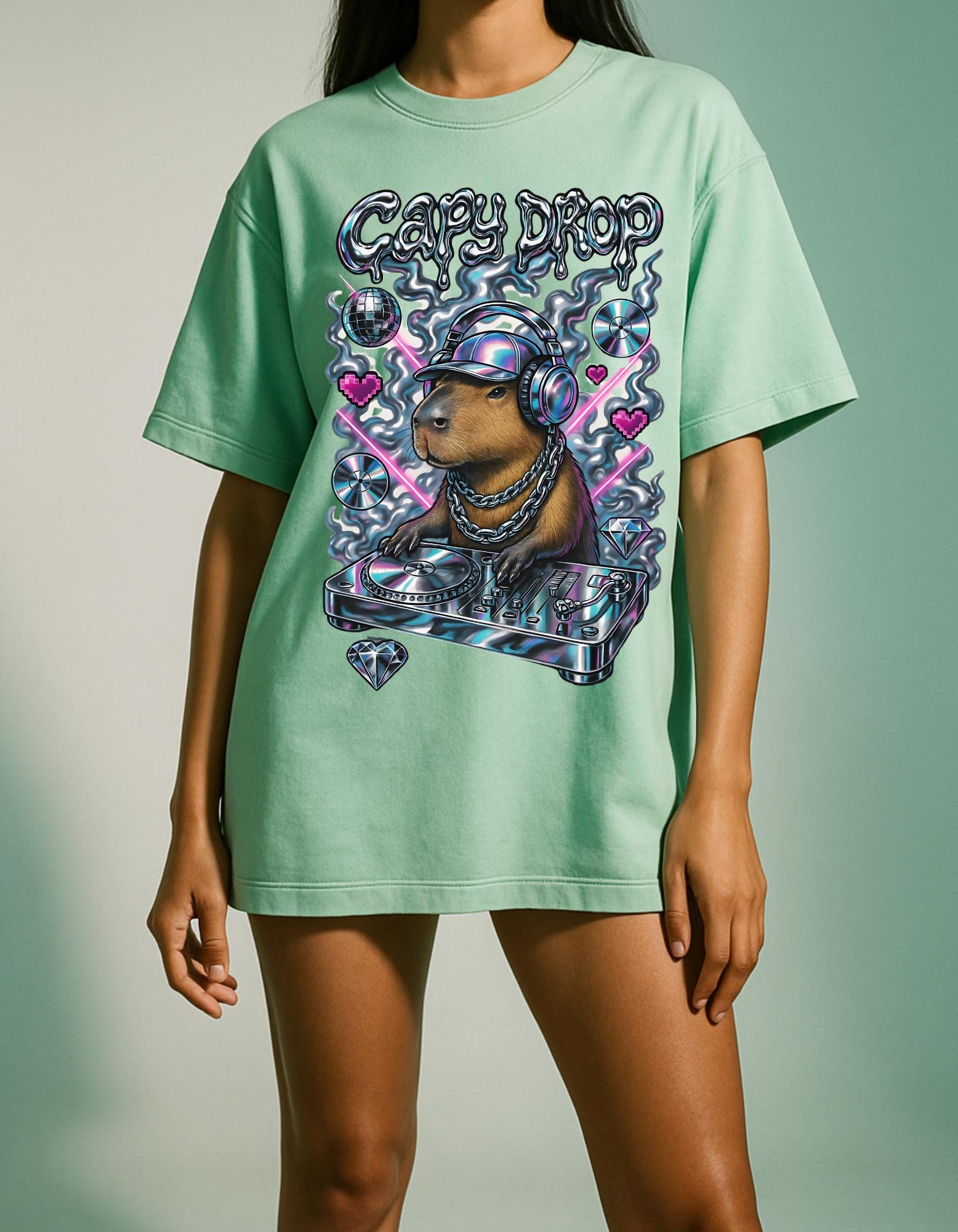 Y2K Capybara DJ Heavy Cotton Tee - Retro Graphic T-Shirt