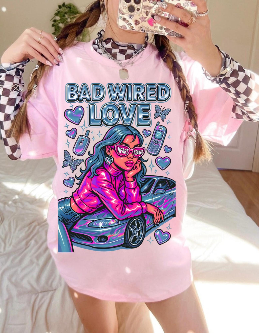 Y2K Chrome Graphic Tee: Bad Wired Heartbreaker, Race Car Chick Shirt
