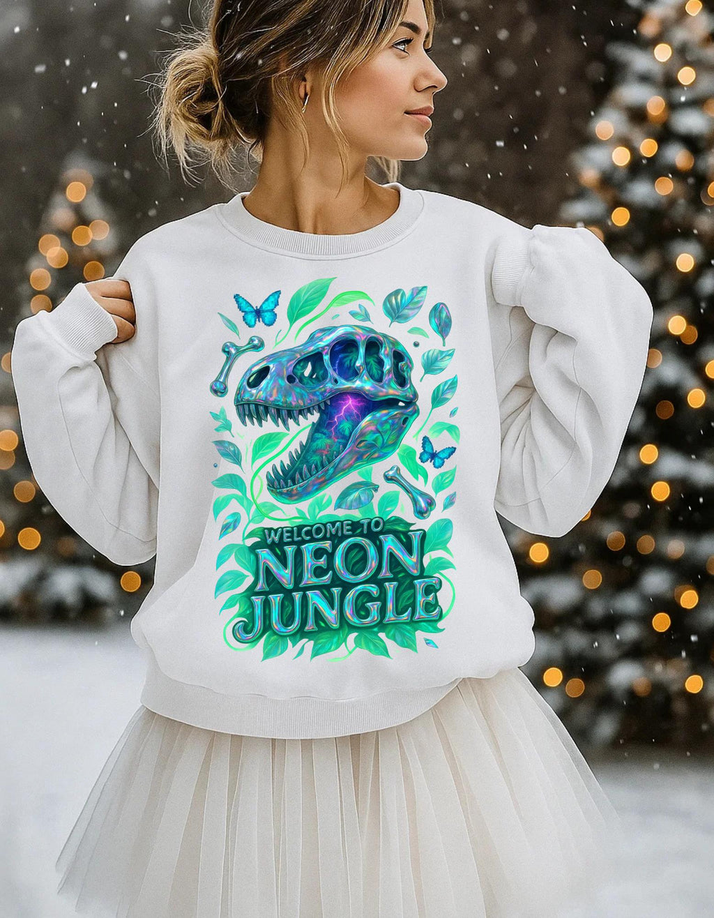 Vibrant Neon Dinosaur Crewneck Sweatshirt: Unique Jungle-Inspired Gift for Nature Lovers