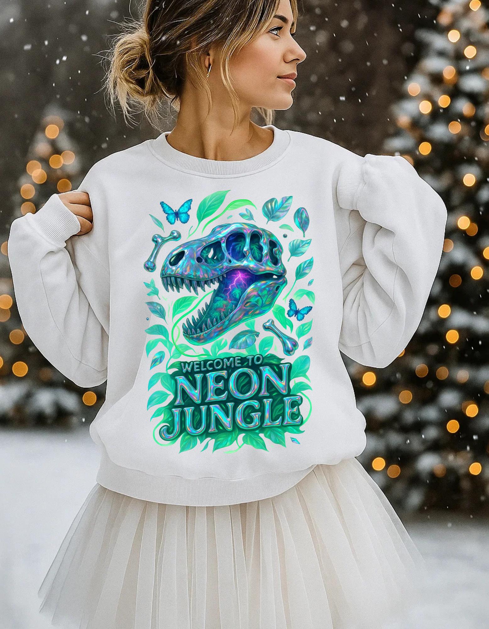 Vibrant Neon Dinosaur Crewneck Sweatshirt: Unique Jungle-Inspired Gift for Nature Lovers