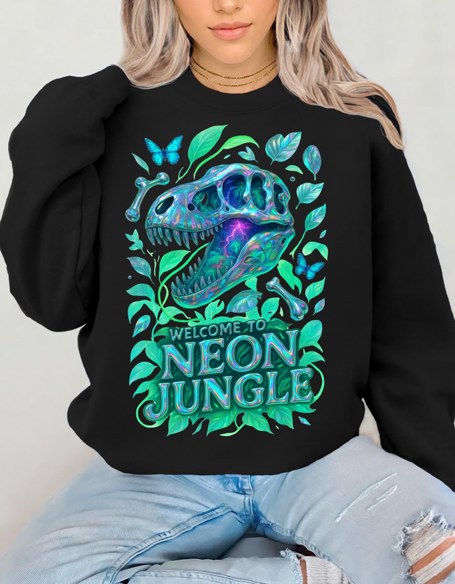 Vibrant Neon Dinosaur Crewneck Sweatshirt: Unique Jungle-Inspired Gift for Nature Lovers