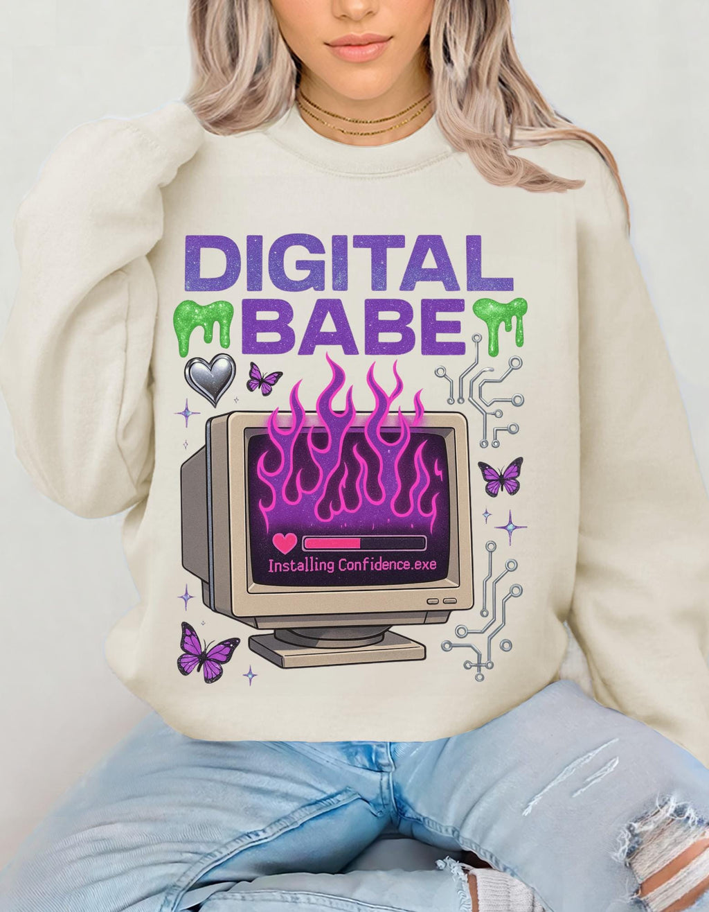 Y2K Cyber Girl Sweatshirt | Retro Computer Graphic Crewneck