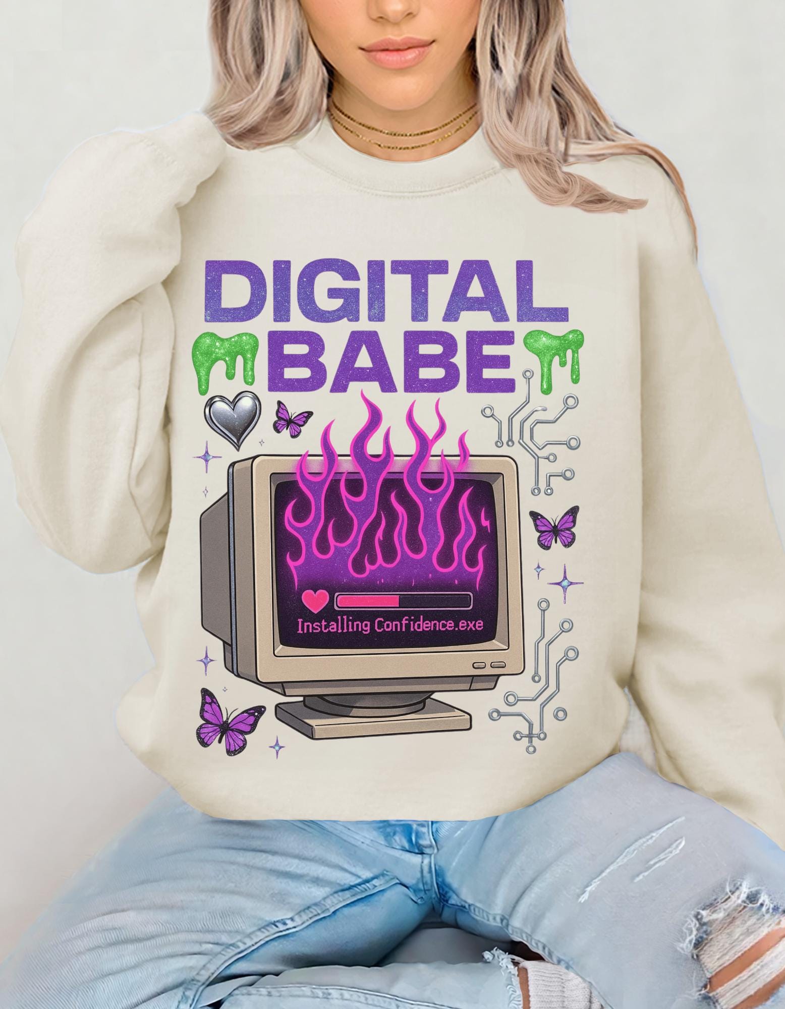 Y2K Cyber Girl Sweatshirt | Retro Computer Graphic Crewneck