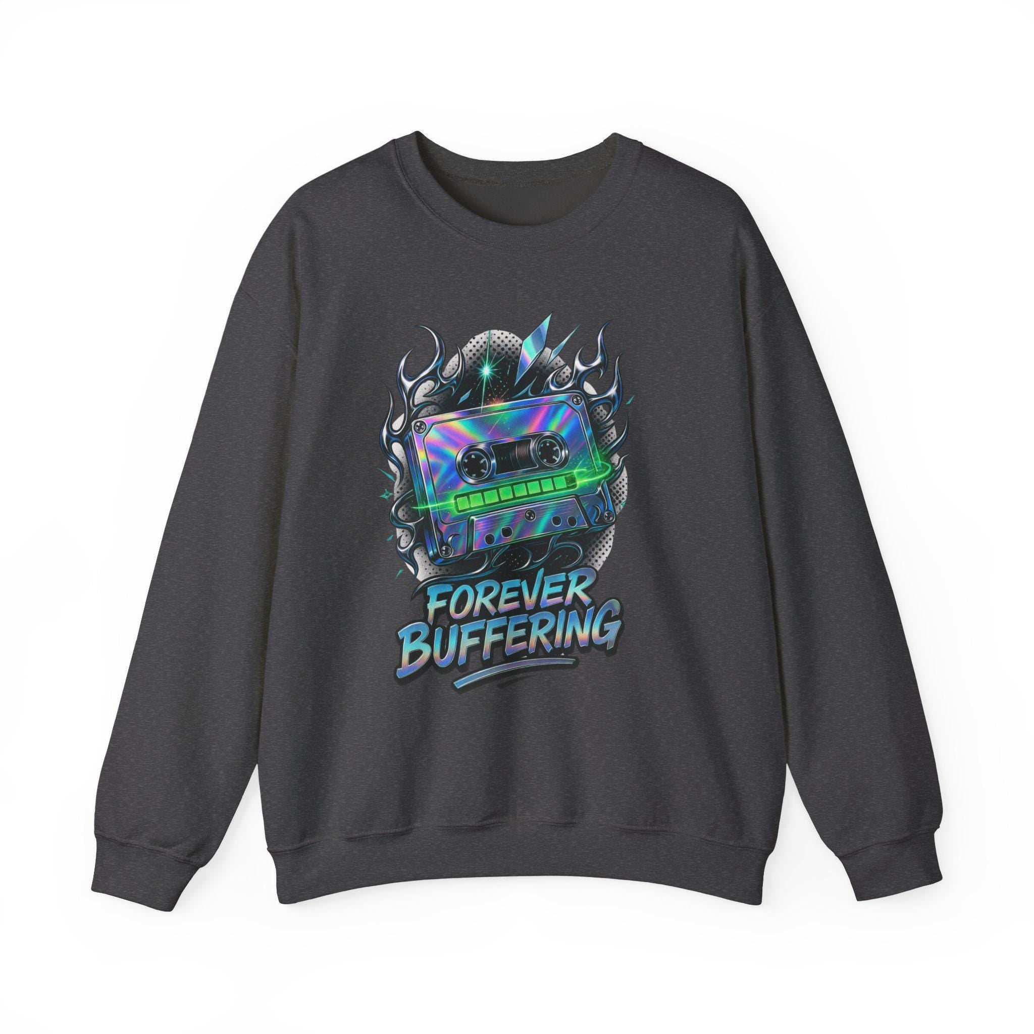 Y2K Mixed Tape Crewneck: Retro 90s 'Forever Buffering' Nostalgic Tech Fashion Sweatshirt